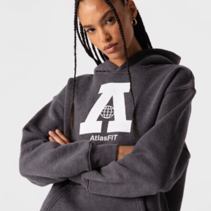 charcoal gym hoodie women oversized AtlasFit logo