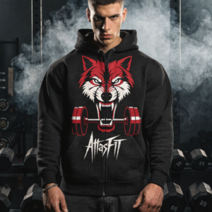 black gym zip hoodie men AtlasFit wolf barbell graphic