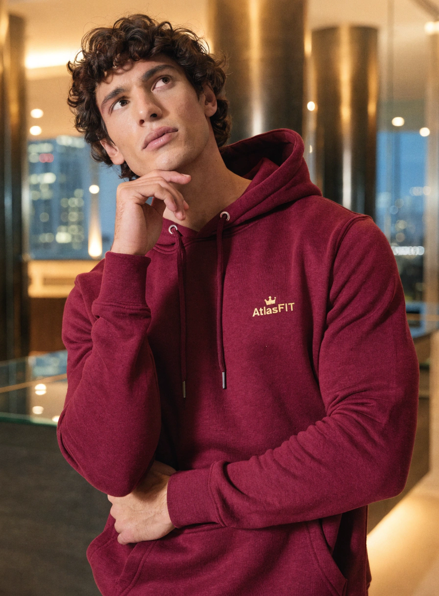AtlasFit burgundy hoodie men gym fitness streetwear